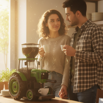 Man and woman standing in a cozy kitchen with a small green tractor model on a table.